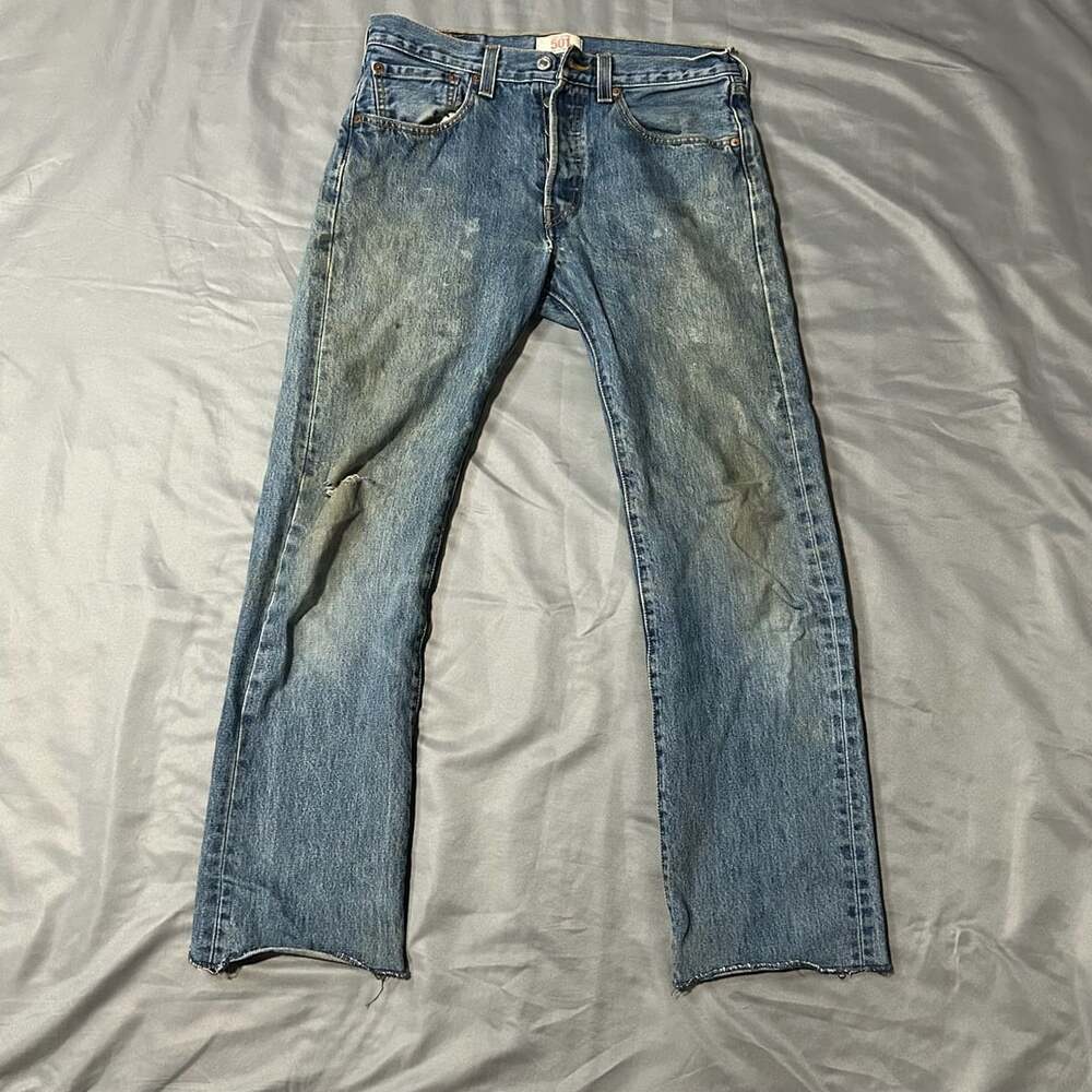 Levi's 501 Original Straight Leg Button-Fly Distressed Faded Denim Jeans